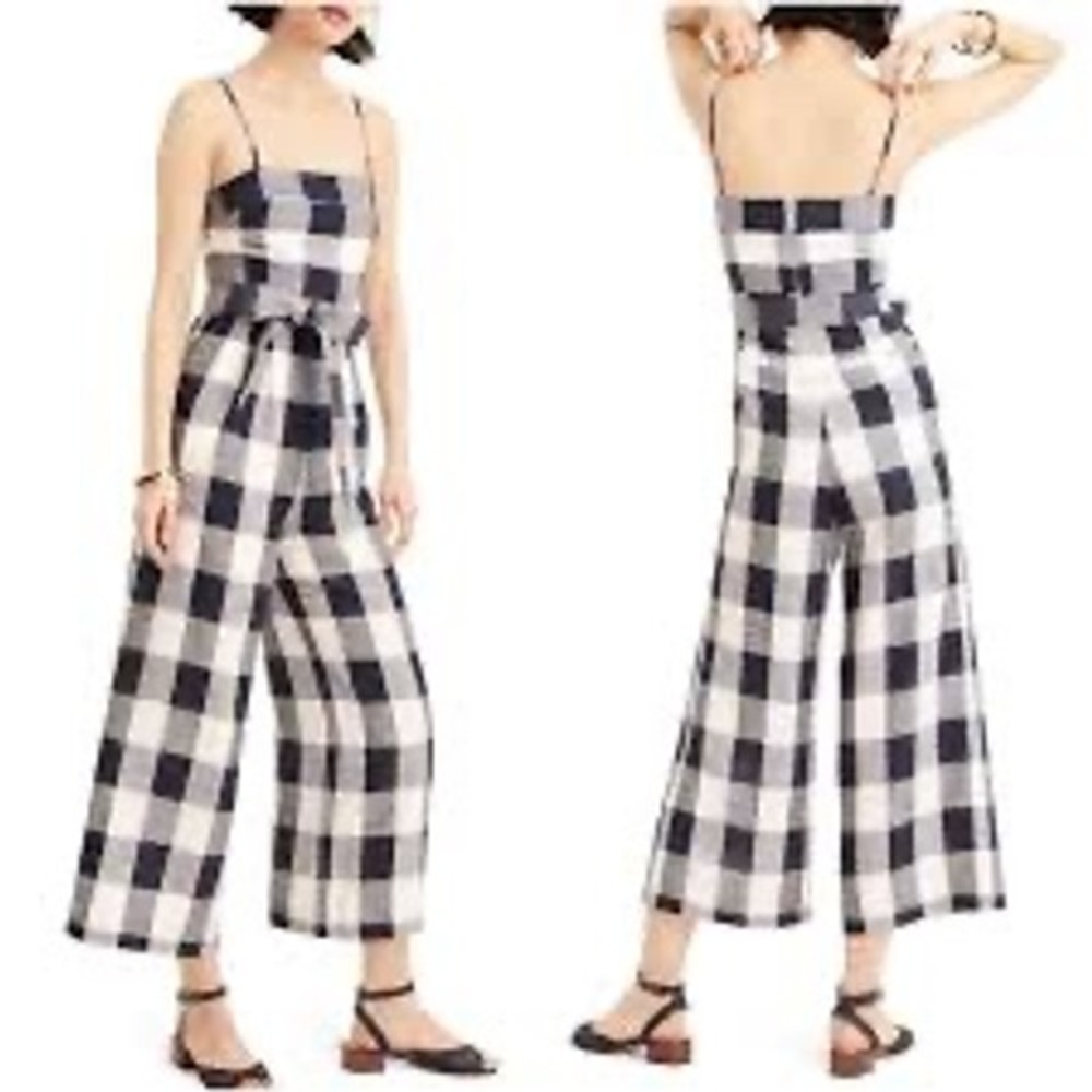 J.Crew Gingham Linen Tie-Waist Jumpsuit Navy White Small - Picture 1 of 10